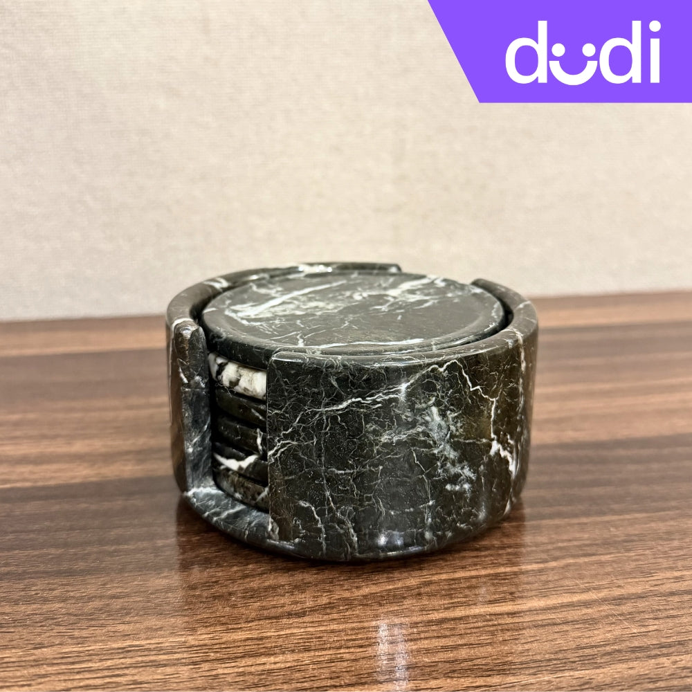 Black Zebra Marble Coaster - 6 Pcs With Holder