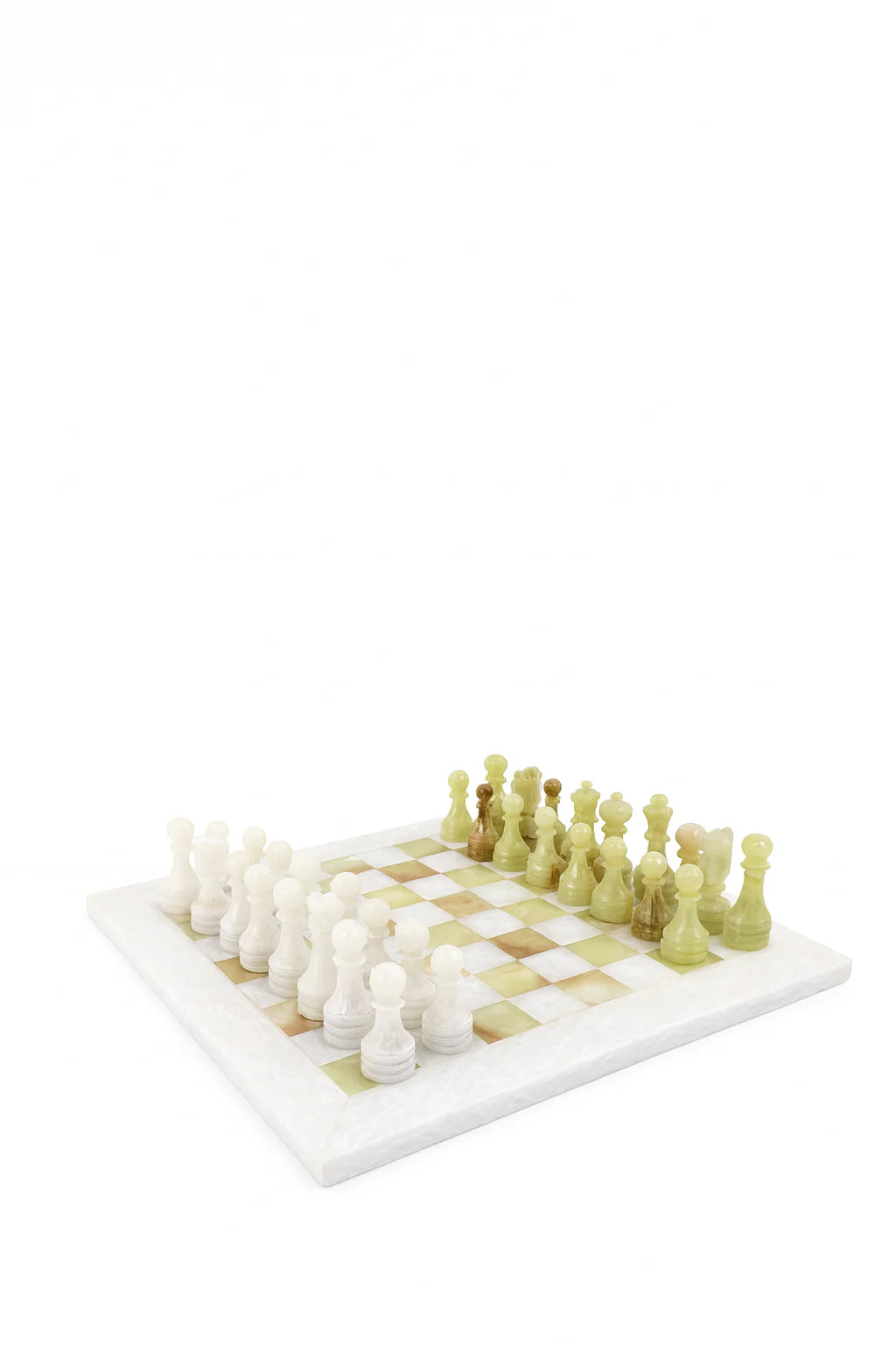 Chess Set (White Marble & Green Onyx) 14.5 inches with Velvet Box
