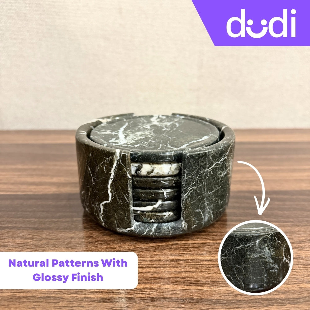 Black Zebra Marble Coaster - 6 Pcs With Holder